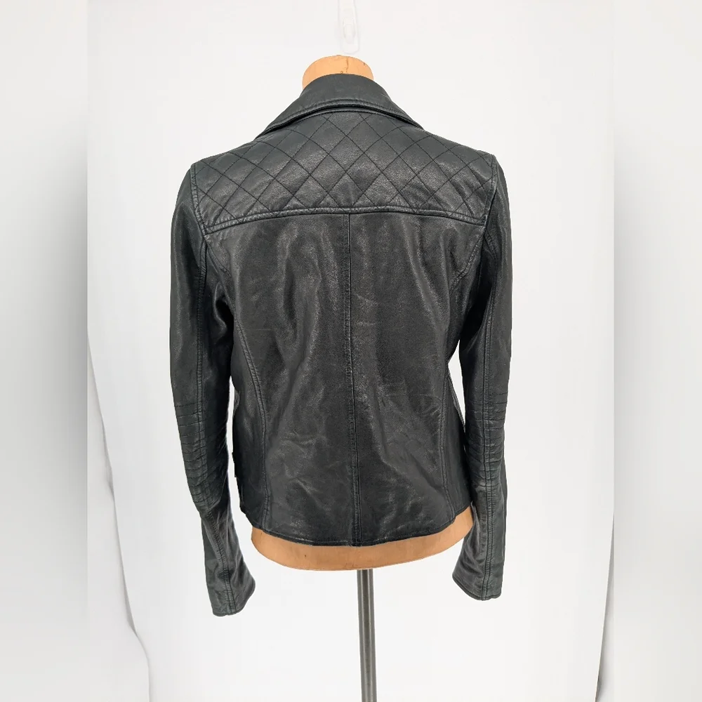 Black Genuine Lambskin Leather Moto Jacket Womens XS Double Zip Slim Biker Chic - Picture 3 of 15